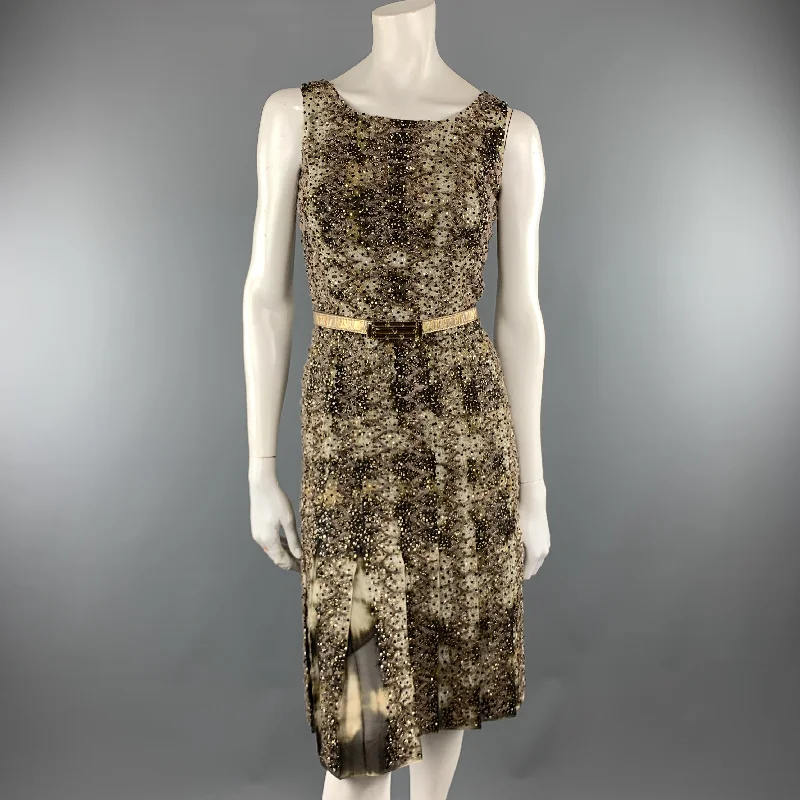 OSCAR DE LA RENTA Size 2 Green Tie Dye Taupe Embroidered Beaded Cocktail Dress