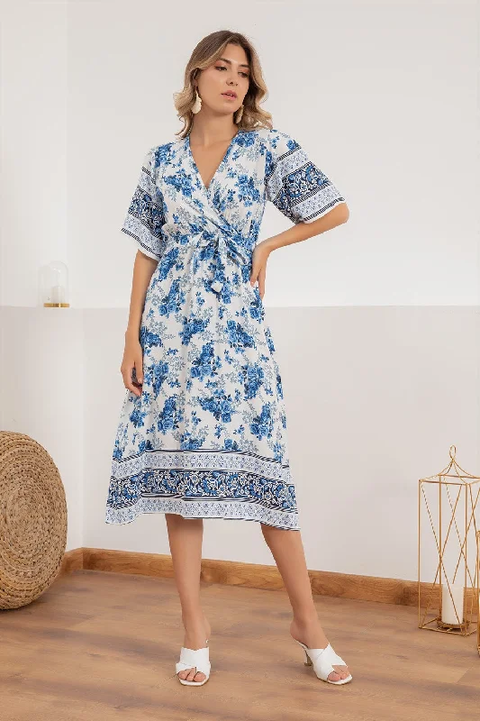 Patterned Blue Belted Viscose Dress