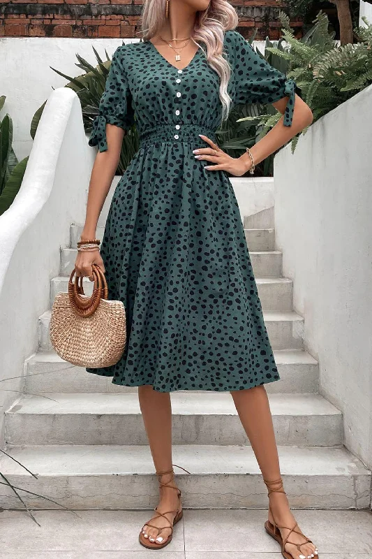 Hazel Blues® |  Printed Tie Cuff Smocked Waist Dress