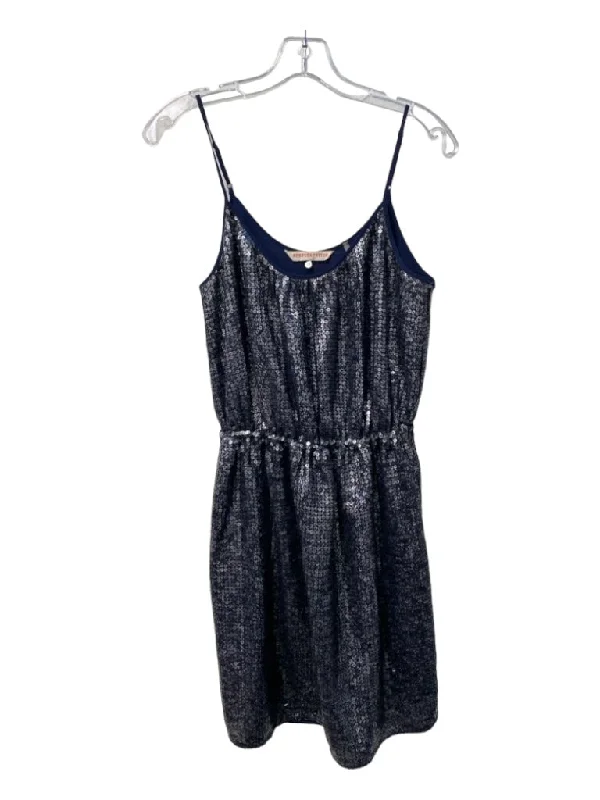 Rebecca Taylor Size 8 Navy & Silver Polyester Spaghetti Strap Round Neck Dress