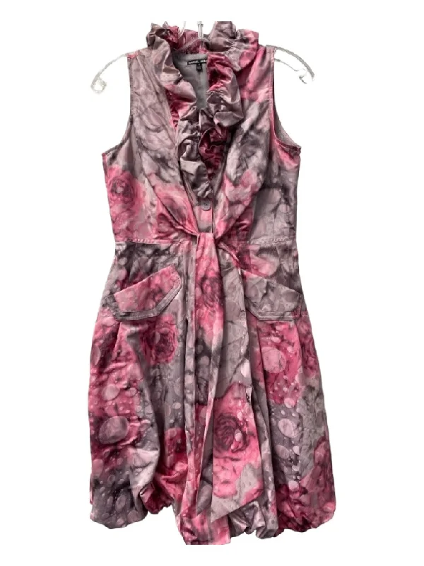 Samuel Dong Size S White, Gray & Pink Polyester Button Front Puff Collar Dress