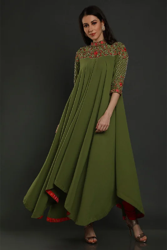 Green Embroidered Asymmetrical Dress