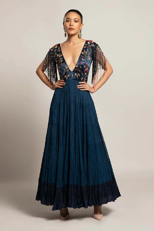 Blue Exaited Embroidered Tiered Dress