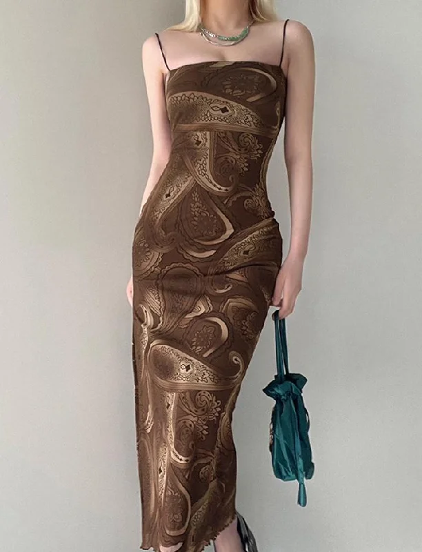 Summer Retro Paisley Printed Backless Sling Slim Dress