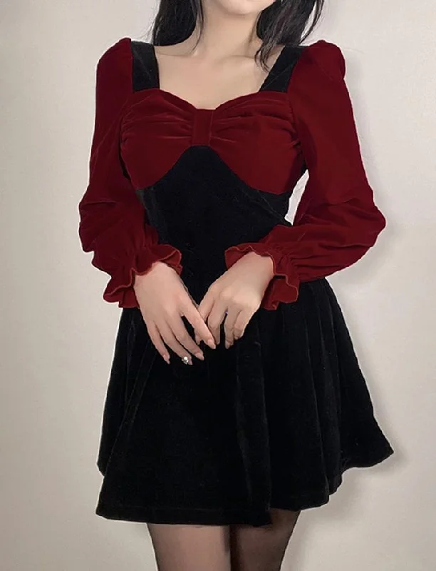 Sweet Bow Stitching Velvet Dress   Year's Dress