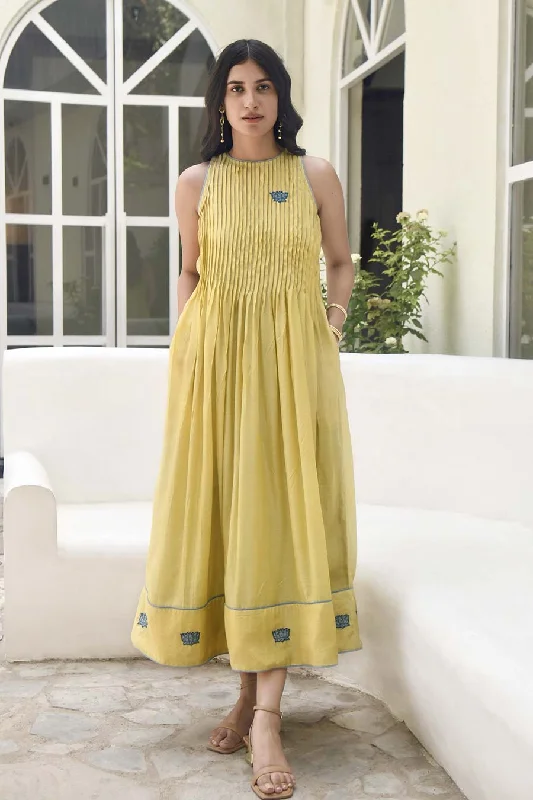 Oyster Yellow Embroidered Silk Dress