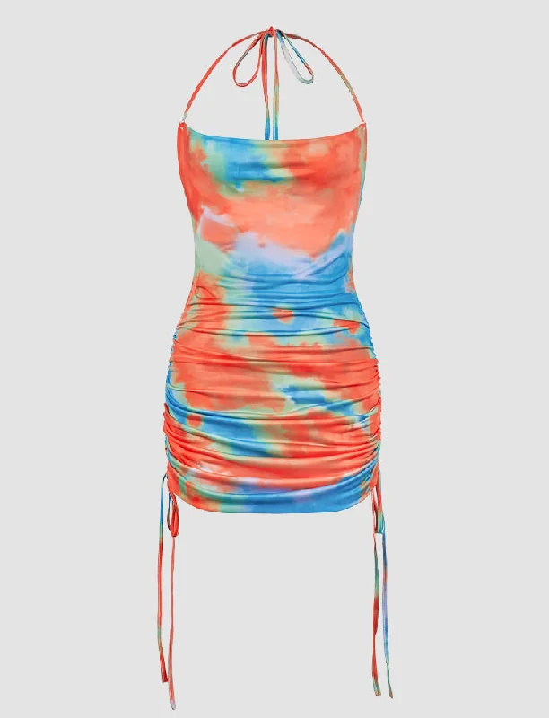 Tie-dye Satin Halter Drawstring Dress