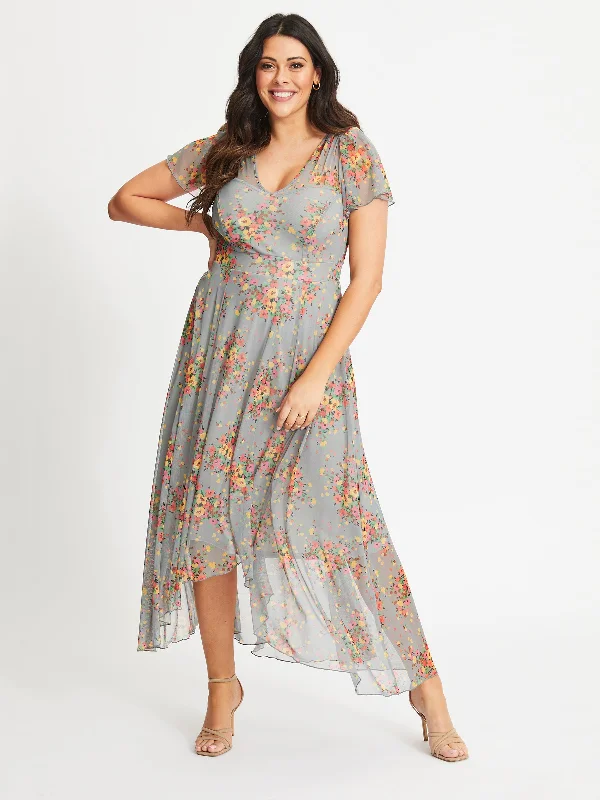 Tilly Silver Multi Print Angel Sleeve Sweetheart Dress