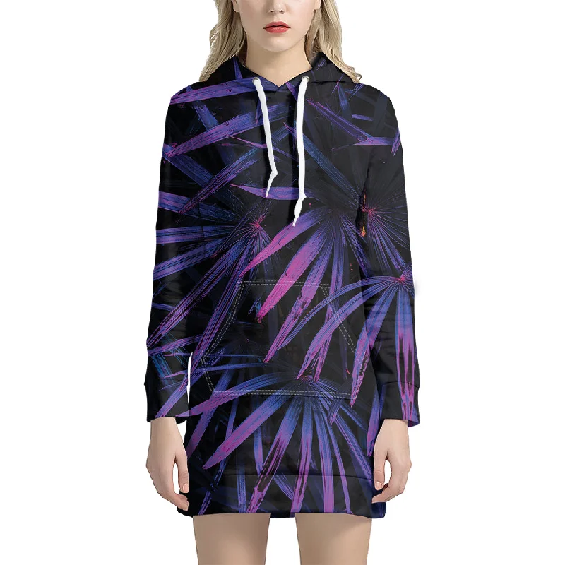 Violet Tropical Leaves Print Pullover Hoodie Dress