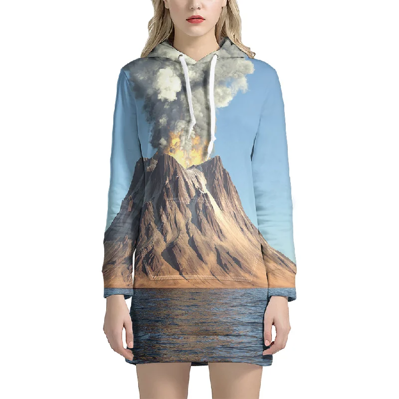 Volcanic Mountain Print Pullover Hoodie Dress
