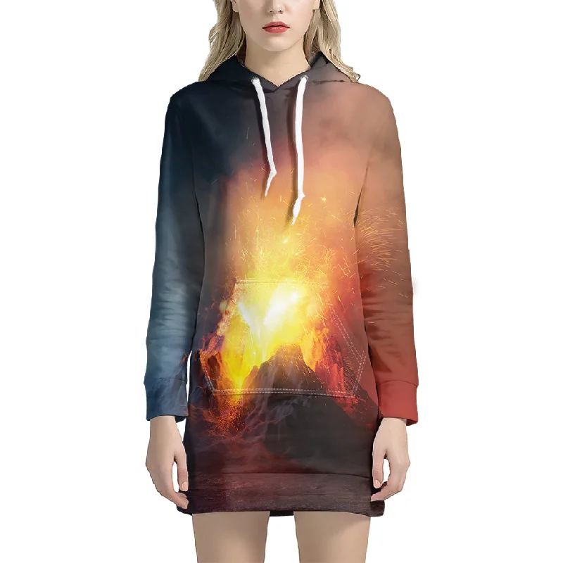 Volcano Eruption Print Pullover Hoodie Dress