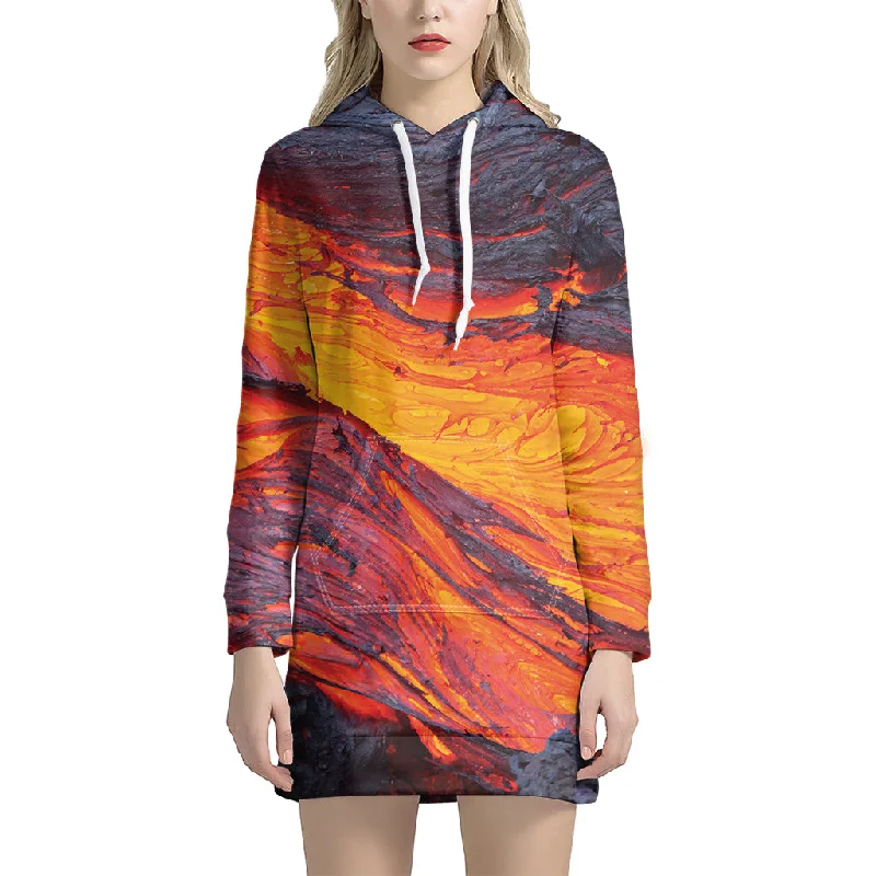 Volcano Lava Print Pullover Hoodie Dress