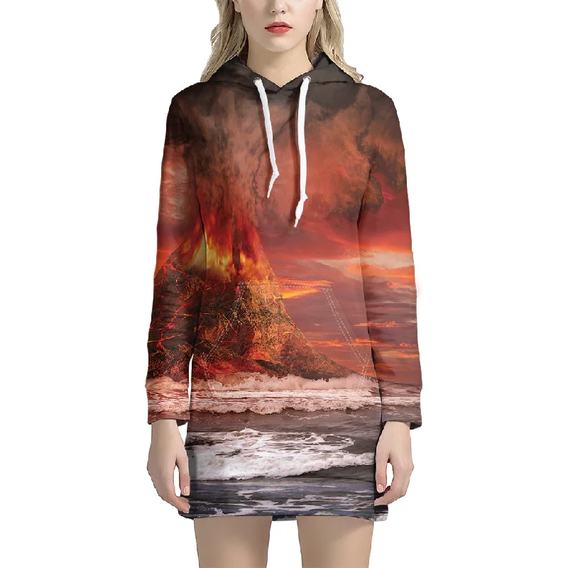 Volcano On The Sea Print Pullover Hoodie Dress