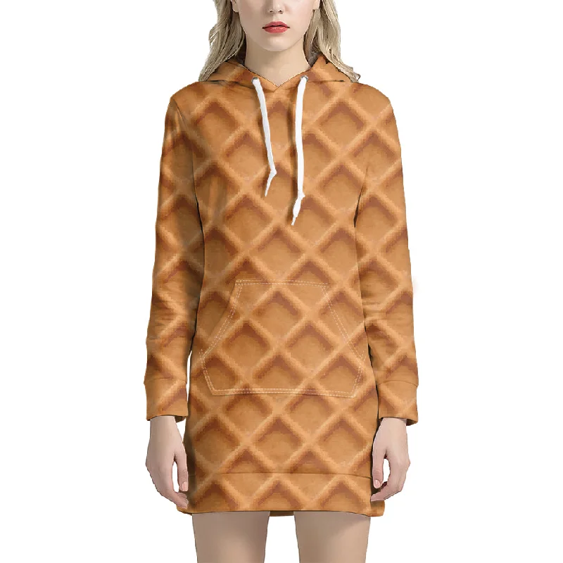 Waffle Pattern Print Pullover Hoodie Dress