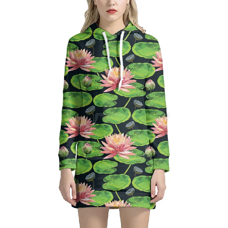 Water Lily Flower Pattern Print Pullover Hoodie Dress