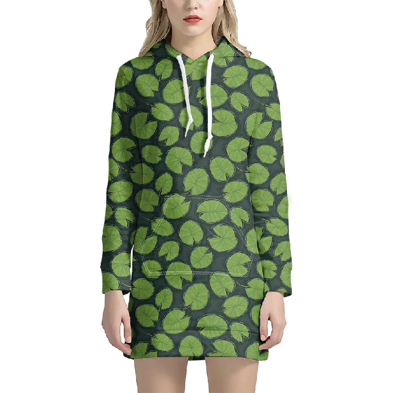 Water Lily Pads Pattern Print Pullover Hoodie Dress
