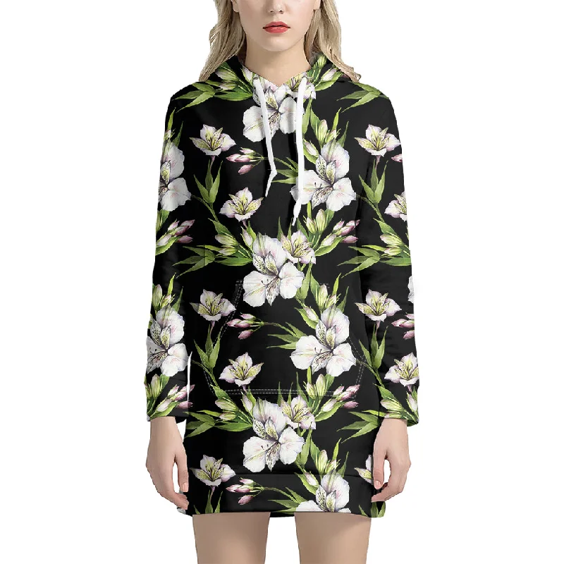 Watercolor Alstroemeria Pattern Print Pullover Hoodie Dress