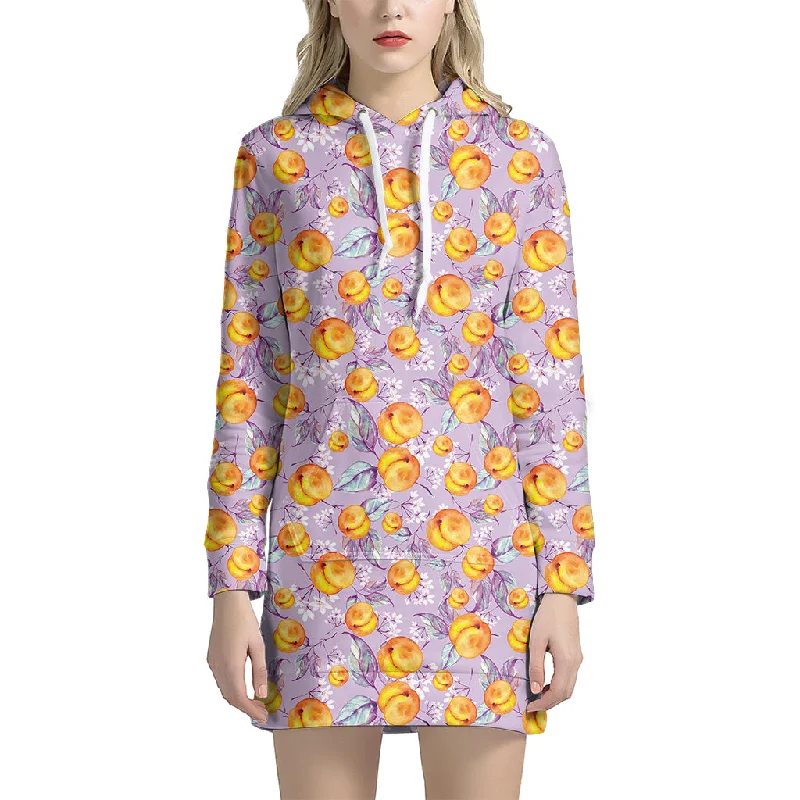 Watercolor Apricot Fruit Pattern Print Pullover Hoodie Dress