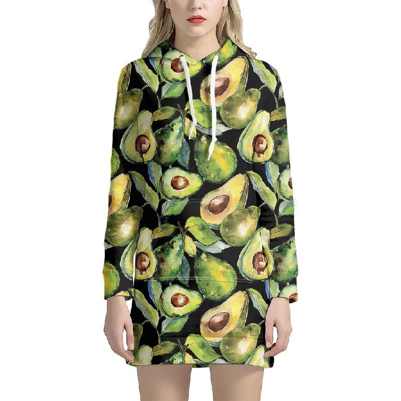 Watercolor Avocado Print Pullover Hoodie Dress