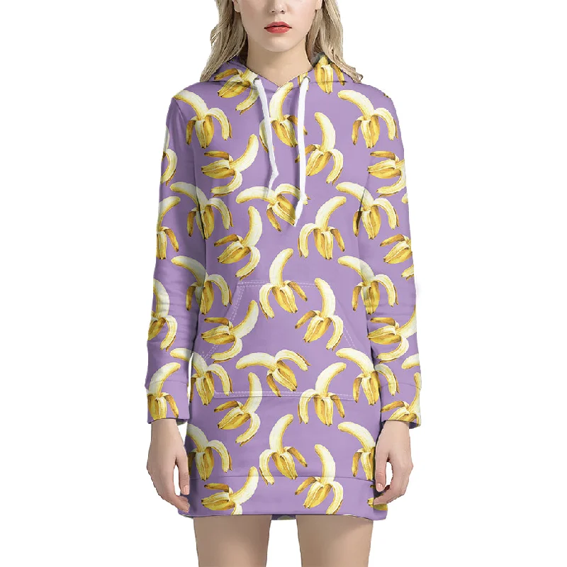 Watercolor Banana Pattern Print Pullover Hoodie Dress