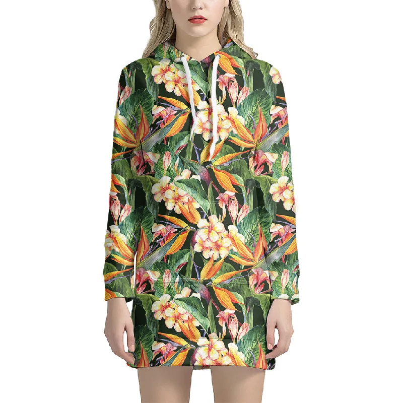 Watercolor Bird Of Paradise Print Pullover Hoodie Dress
