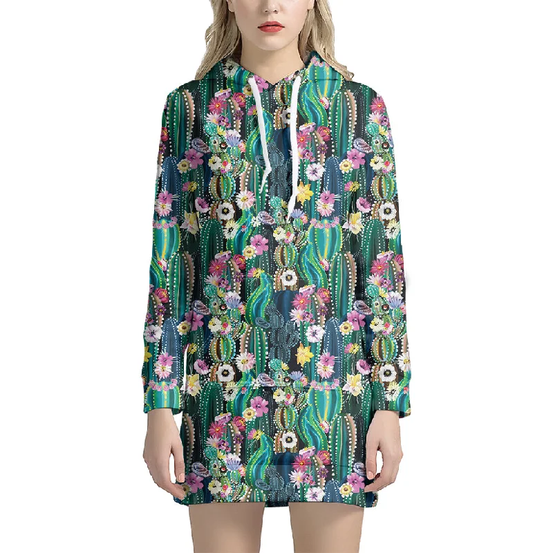 Watercolor Blooming Cactus Print Pullover Hoodie Dress