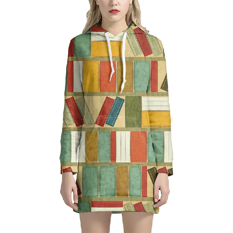 Watercolor Bookshelf Pattern Print Pullover Hoodie Dress