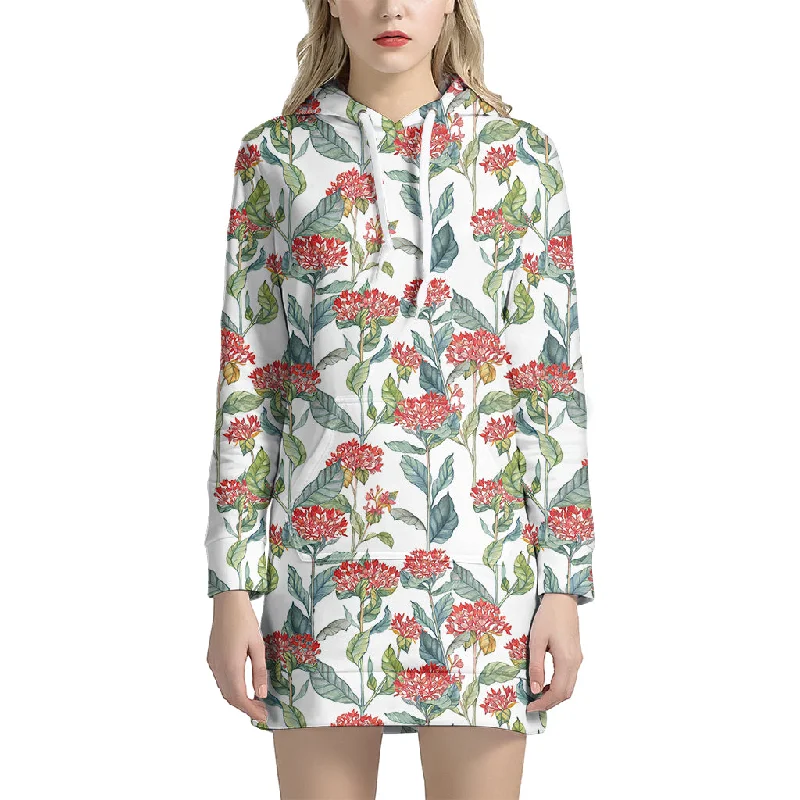 Watercolor Bouvardia Print Pullover Hoodie Dress