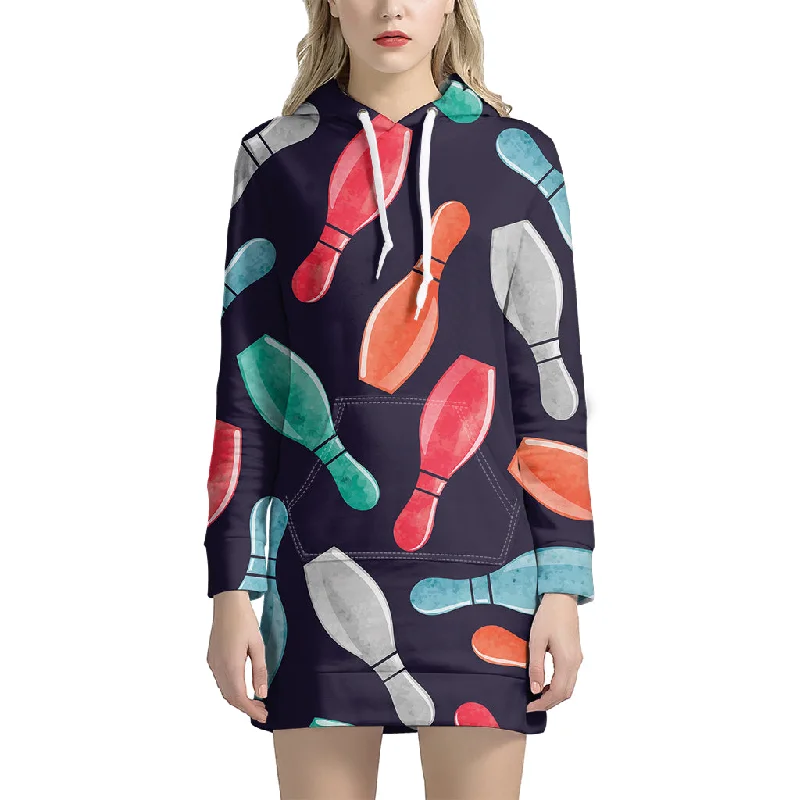 Watercolor Bowling Pins Pattern Print Pullover Hoodie Dress