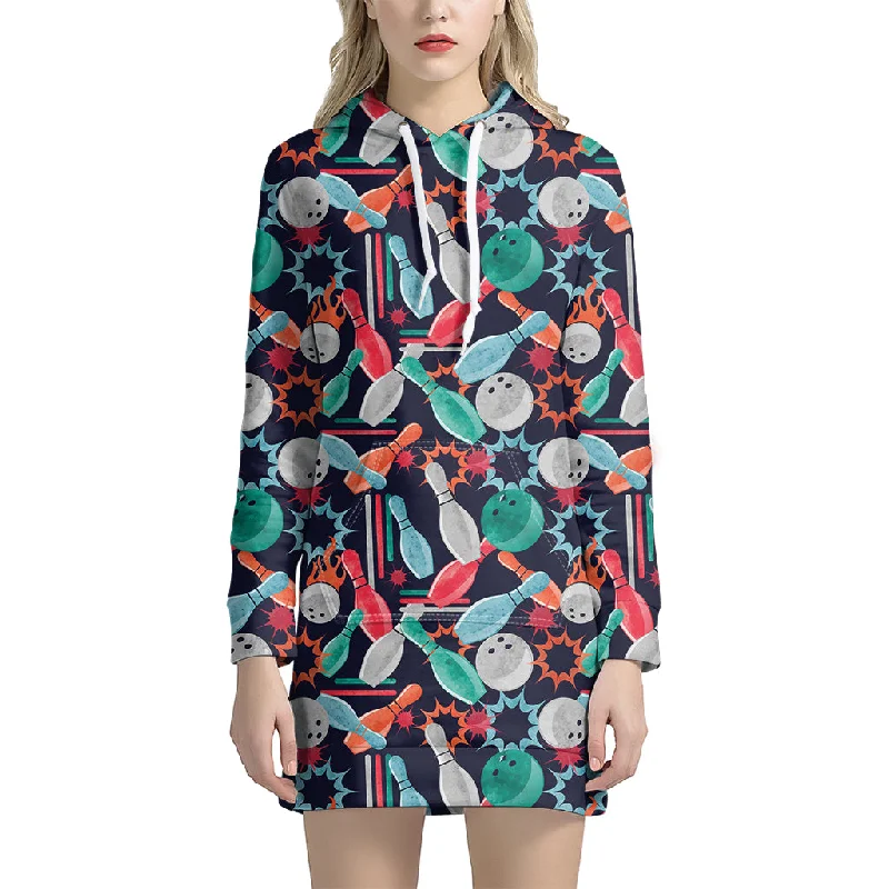Watercolor Bowling Theme Pattern Print Pullover Hoodie Dress