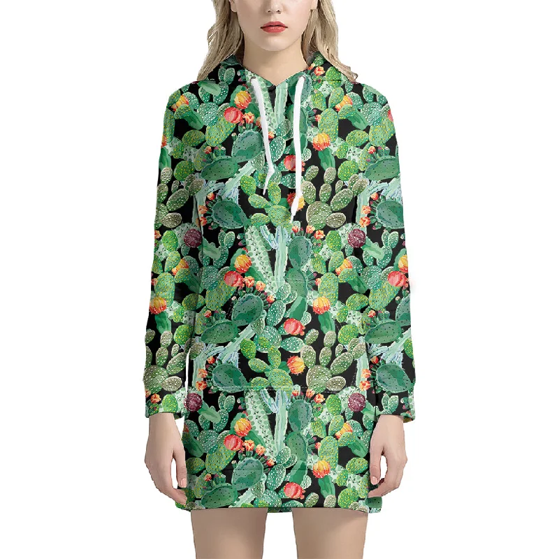 Watercolor Cactus Plant Print Pullover Hoodie Dress