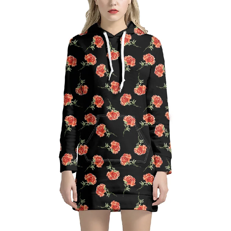 Watercolor Carnation Pattern Print Pullover Hoodie Dress