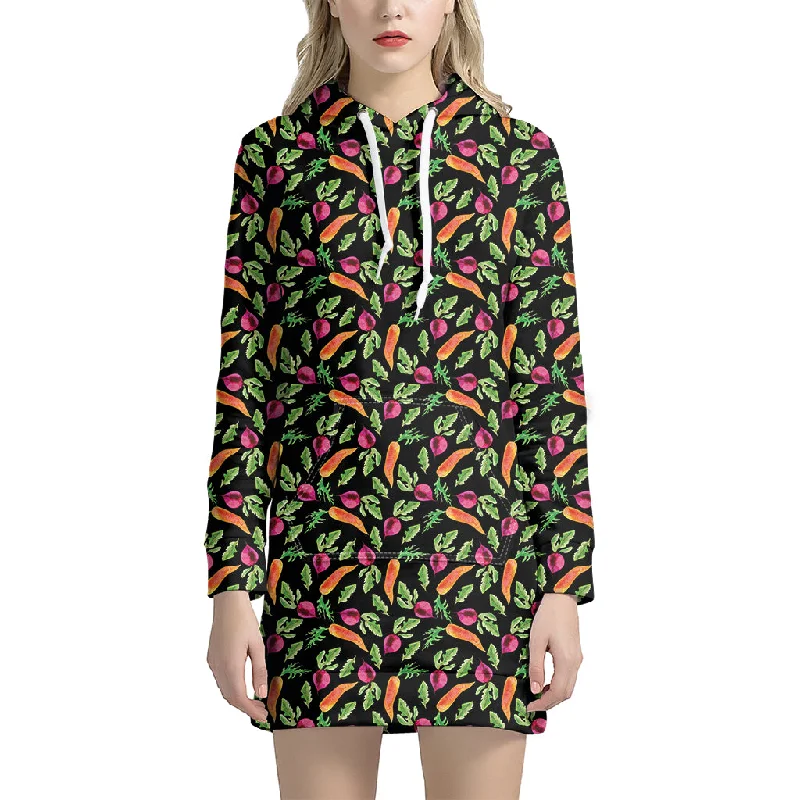 Watercolor Carrot And Radish Print Pullover Hoodie Dress