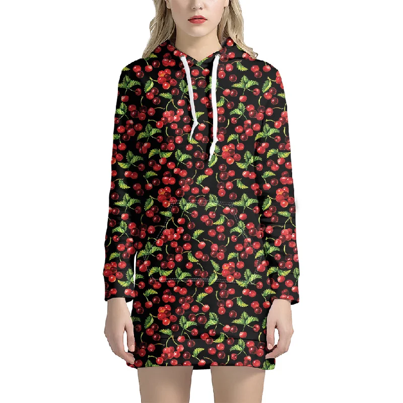 Watercolor Cherry Pattern Print Pullover Hoodie Dress