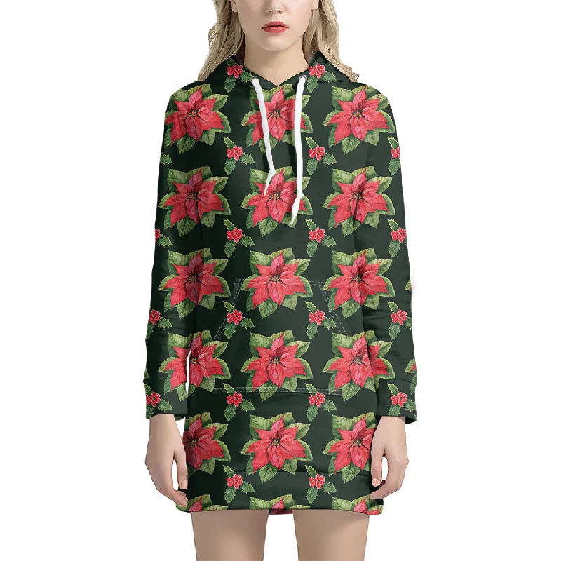 Watercolor Christmas Poinsettia Print Pullover Hoodie Dress