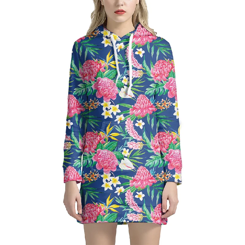 Watercolor Chrysanthemum Pattern Print Pullover Hoodie Dress