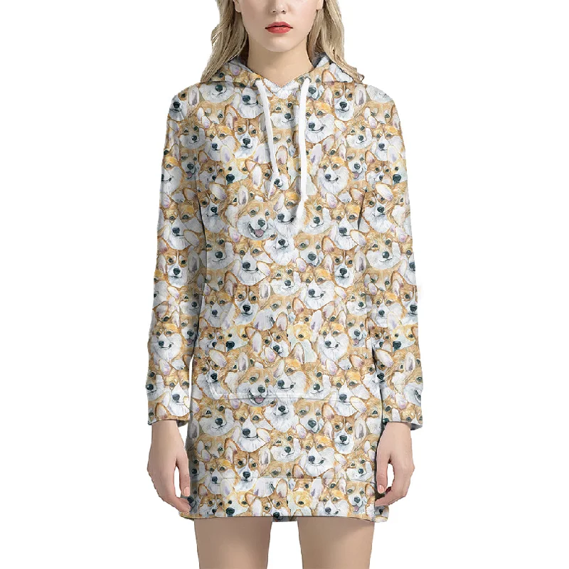Watercolor Corgi Pattern Print Pullover Hoodie Dress