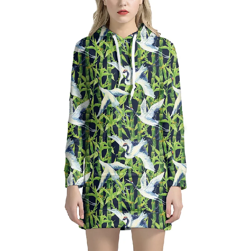 Watercolor Crane Bird Pattern Print Pullover Hoodie Dress
