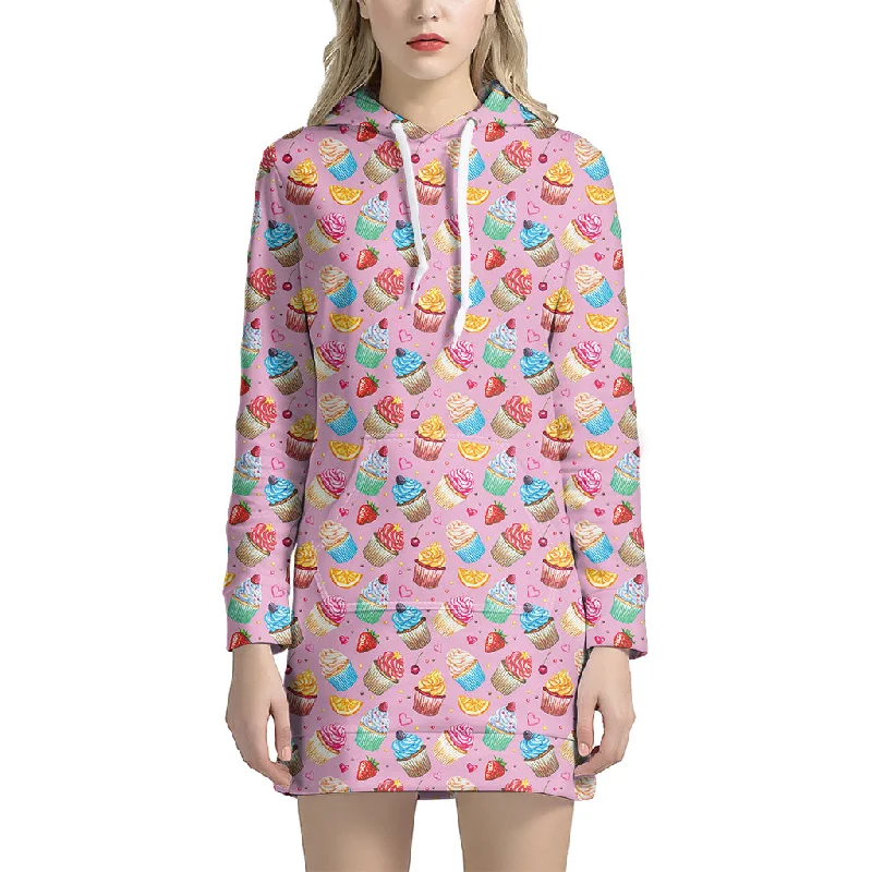 Watercolor Cupcake Pattern Print Pullover Hoodie Dress