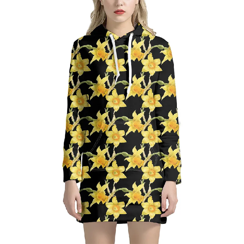 Watercolor Daffodil Flower Pattern Print Pullover Hoodie Dress