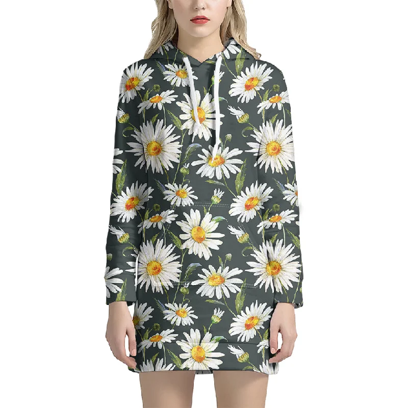 Watercolor Daisy Flower Pattern Print Pullover Hoodie Dress