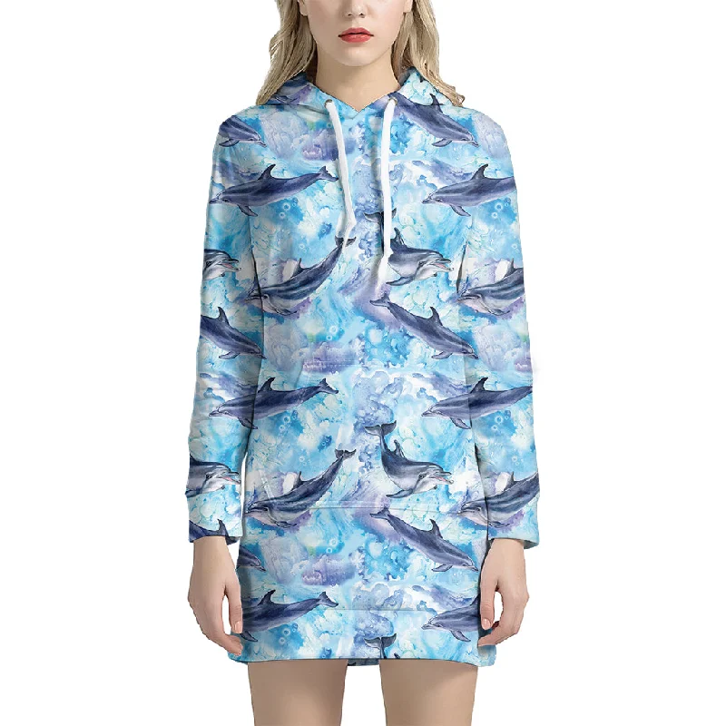 Watercolor Dolphin In The Sea Print Pullover Hoodie Dress