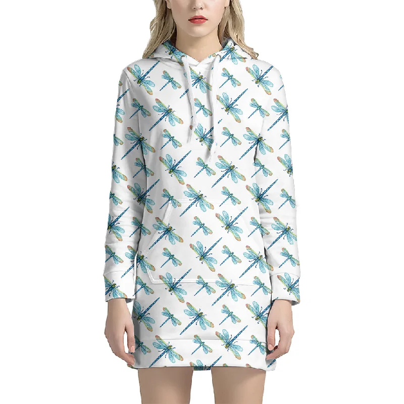 Watercolor Dragonfly Pattern Print Pullover Hoodie Dress