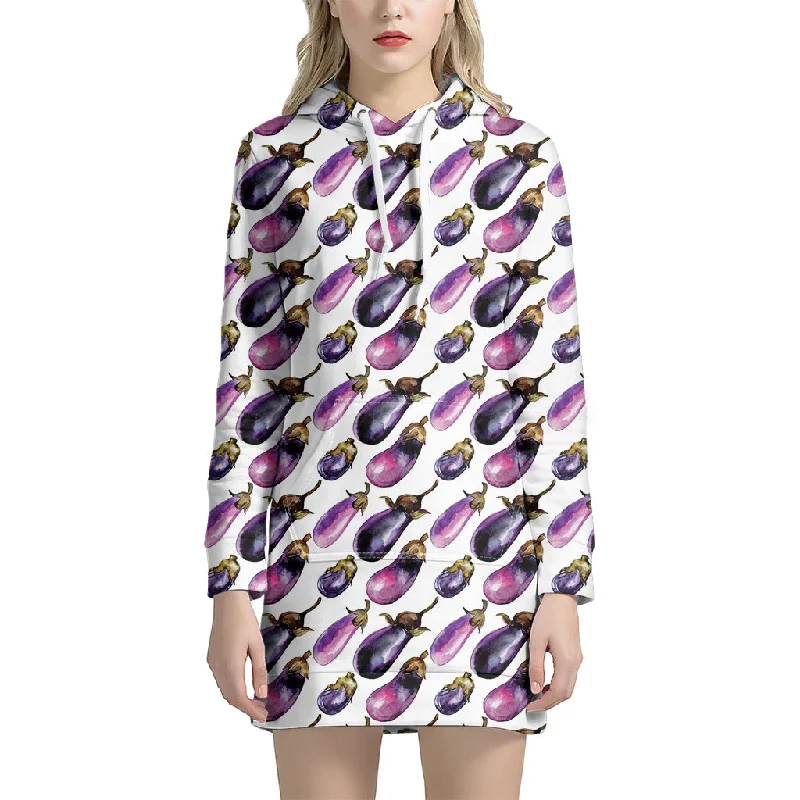 Watercolor Eggplant Pattern Print Pullover Hoodie Dress