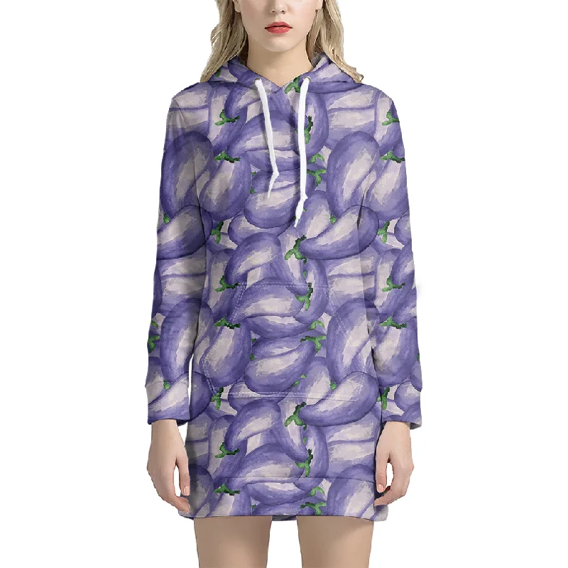 Watercolor Eggplant Print Pullover Hoodie Dress