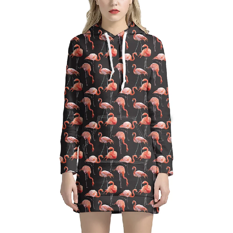 Watercolor Flamingo Pattern Print Pullover Hoodie Dress