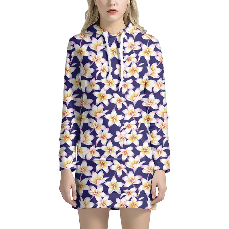 Watercolor Frangipani Flower Print Pullover Hoodie Dress