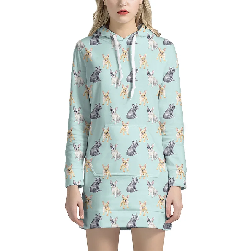 Watercolor French Bulldog Pattern Print Pullover Hoodie Dress