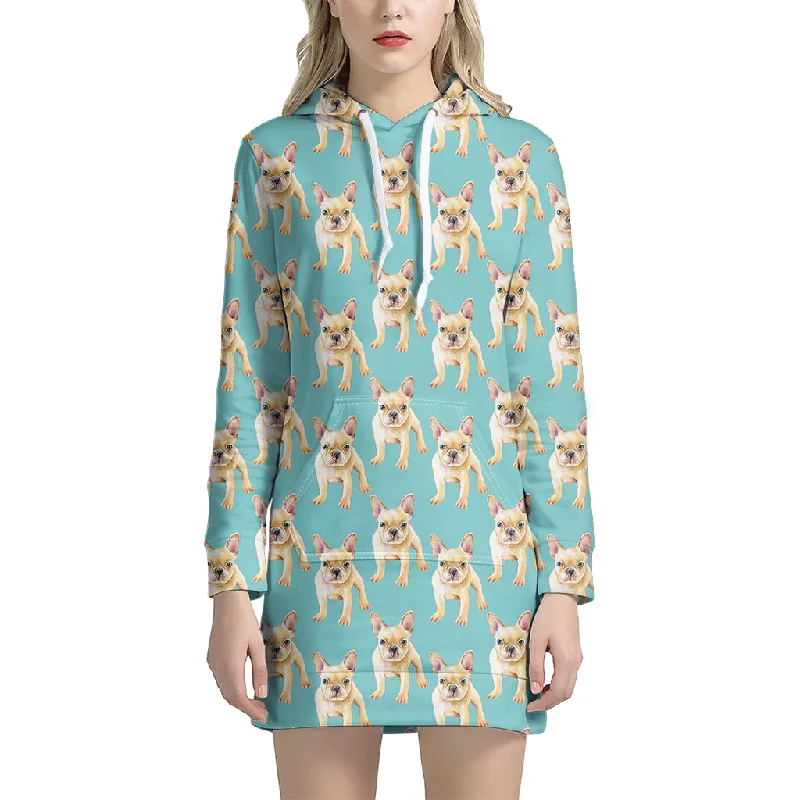 Watercolor French Bulldog Puppy Print Pullover Hoodie Dress