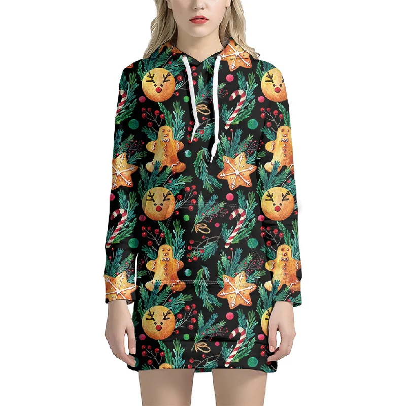 Watercolor Gingerbread Pattern Print Pullover Hoodie Dress